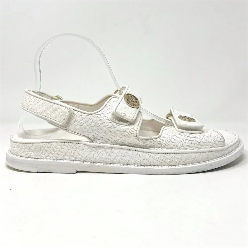 Chanel White Textured Leather Dad‎ Flat Sandals 39.5
